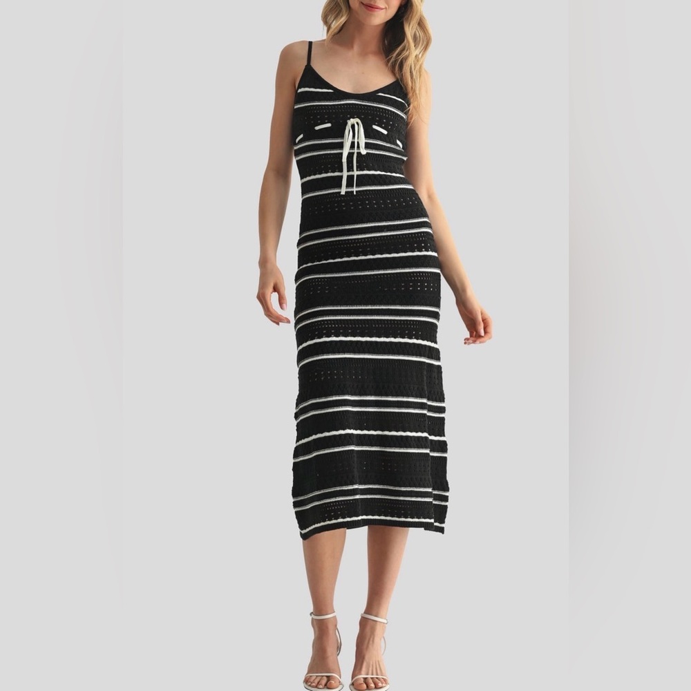 All In Favor Black‎ and White Striped Mixed Stitch Midi Sweater Dress